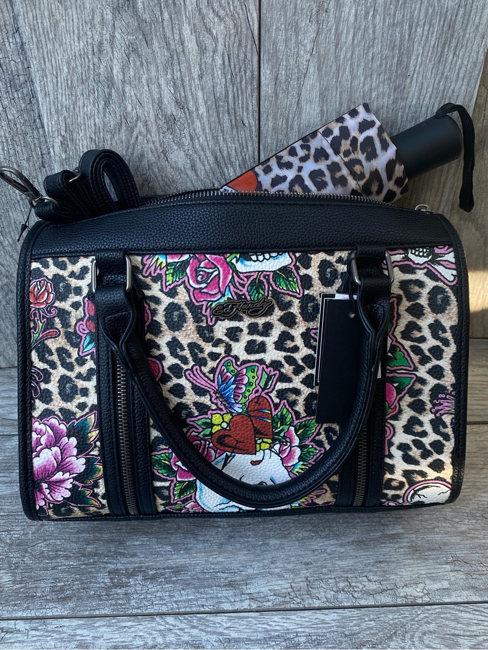 NWT Ed Hardy Cheetah Satchel & Umbrella Set Skull Y2K